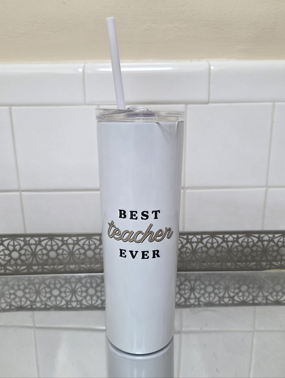 Claire's White Iridescent 'Best Teacher' Glitter Tumbler with Straw